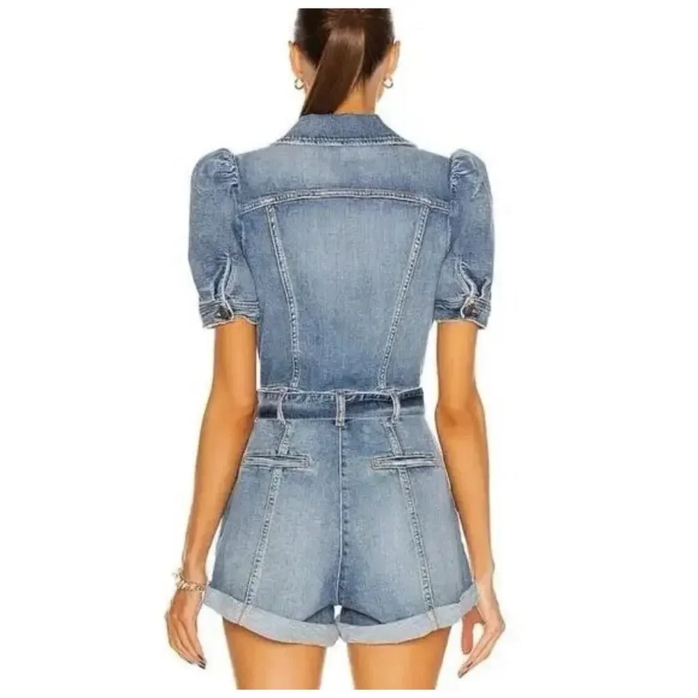 Retrofete Phoebe Blue Denim Romper Puff Sleeve Belted Size XS - Picture 2 of 7